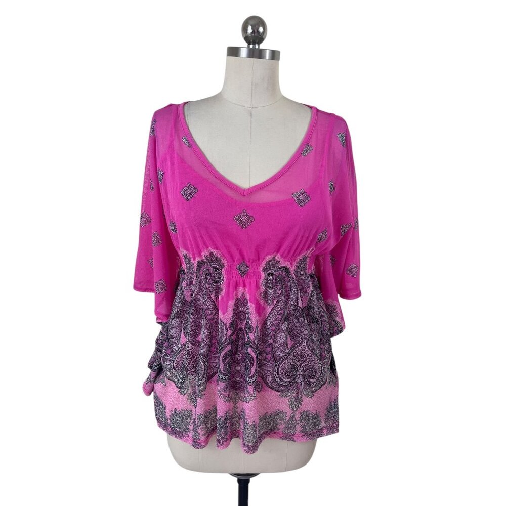 INC International Concepts Kimono Blouse Womens Petite Pink Paisley Boho Artsy